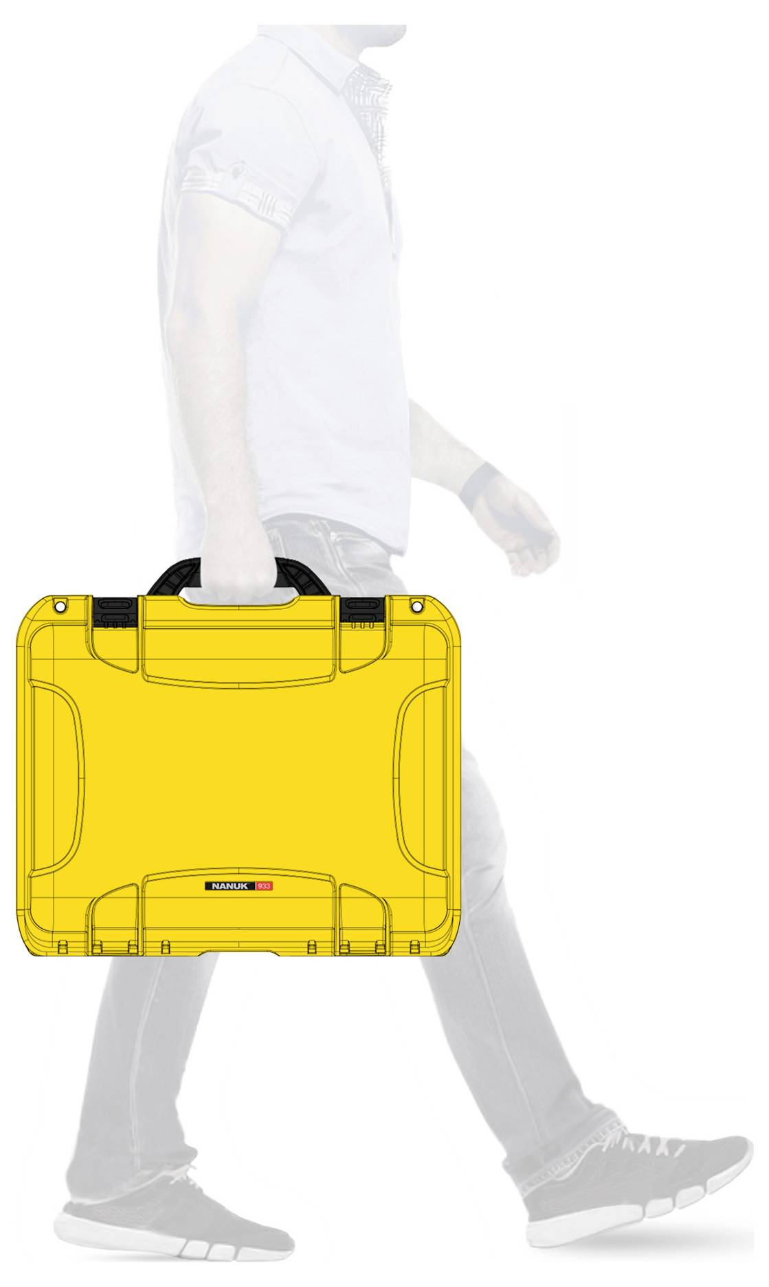A person is carrying a yellow suitcase in their hand while walking. The suitcase has distinctive handles and rounded corners.