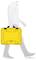 A person is carrying a yellow suitcase in their hand while walking. The suitcase has distinctive handles and rounded corners.