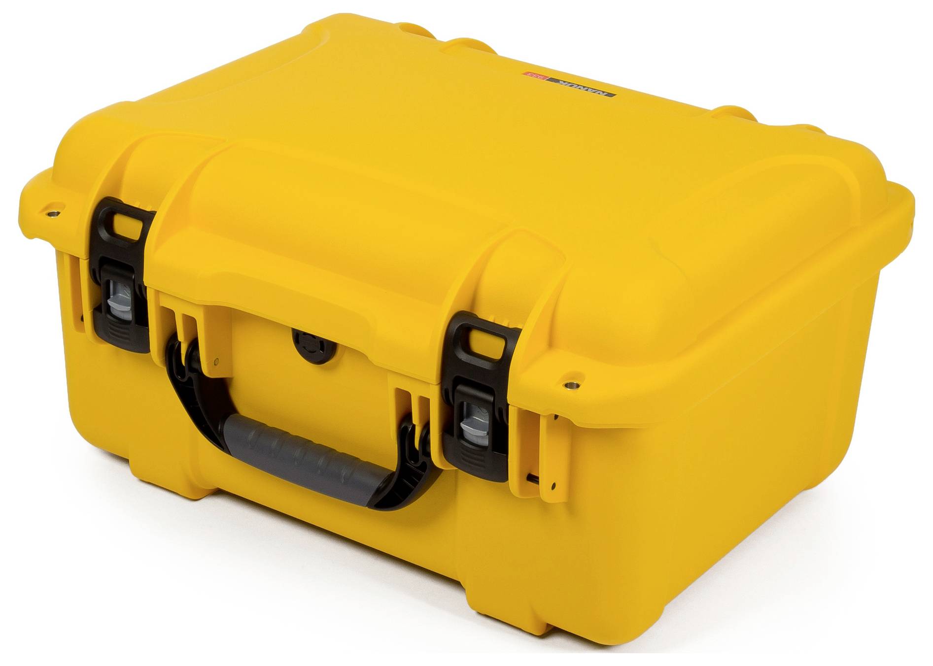 A yellow, robust carry case with a black handle and buckle closure, commonly used for securely transporting delicate equipment.