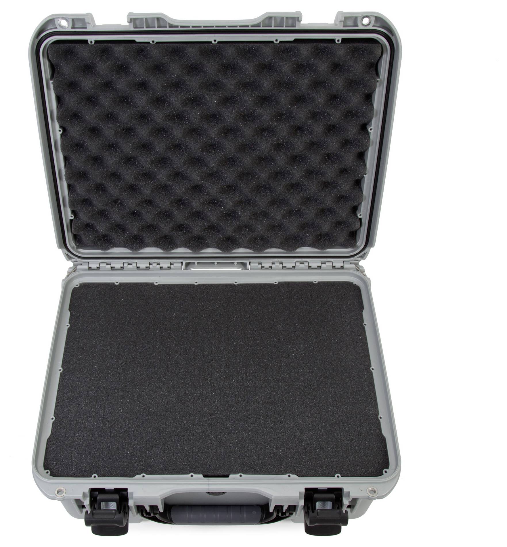 Grey, open suitcase with black foam lining that provides protection for the contents. Ideal for the secure transportation of delicate items.