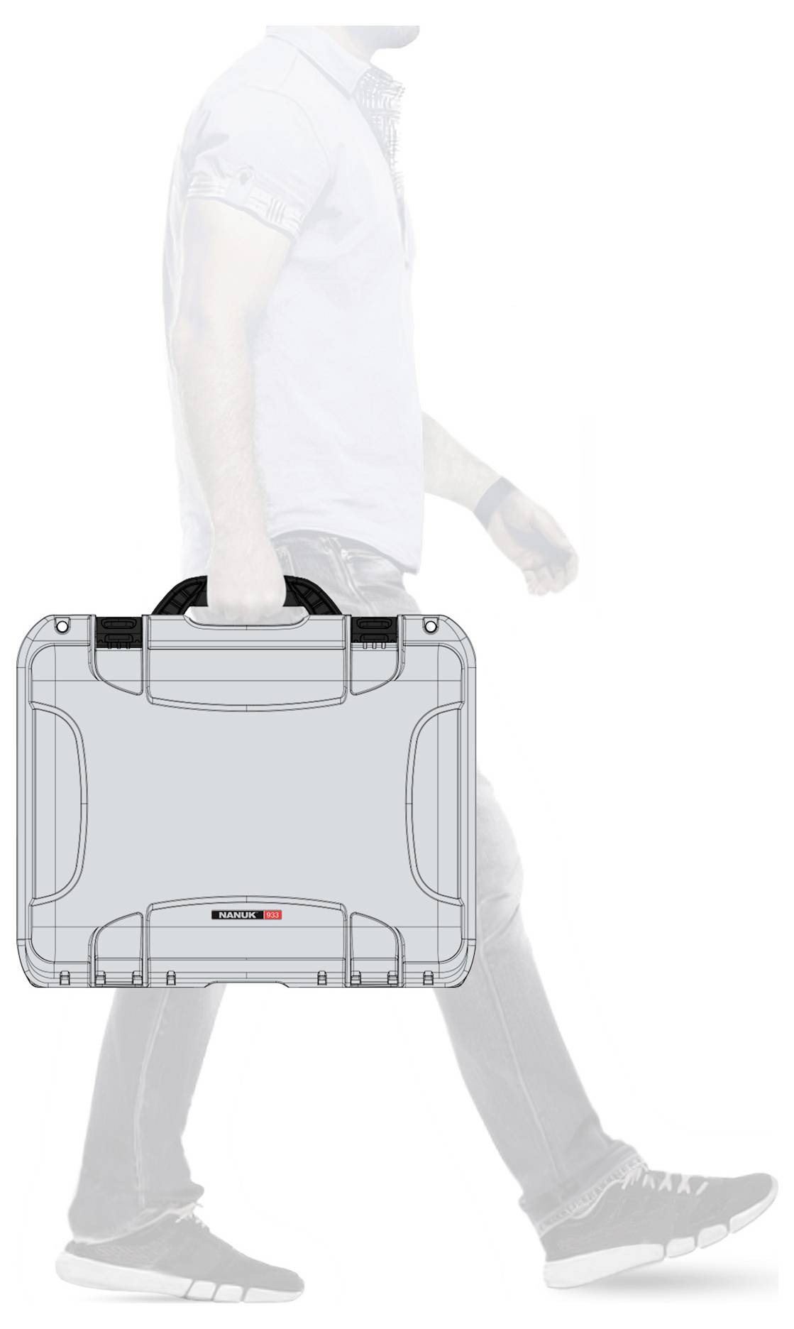 A man is carrying a light grey suitcase with a black handle. The man is partially visible and is wearing jeans and trainers.