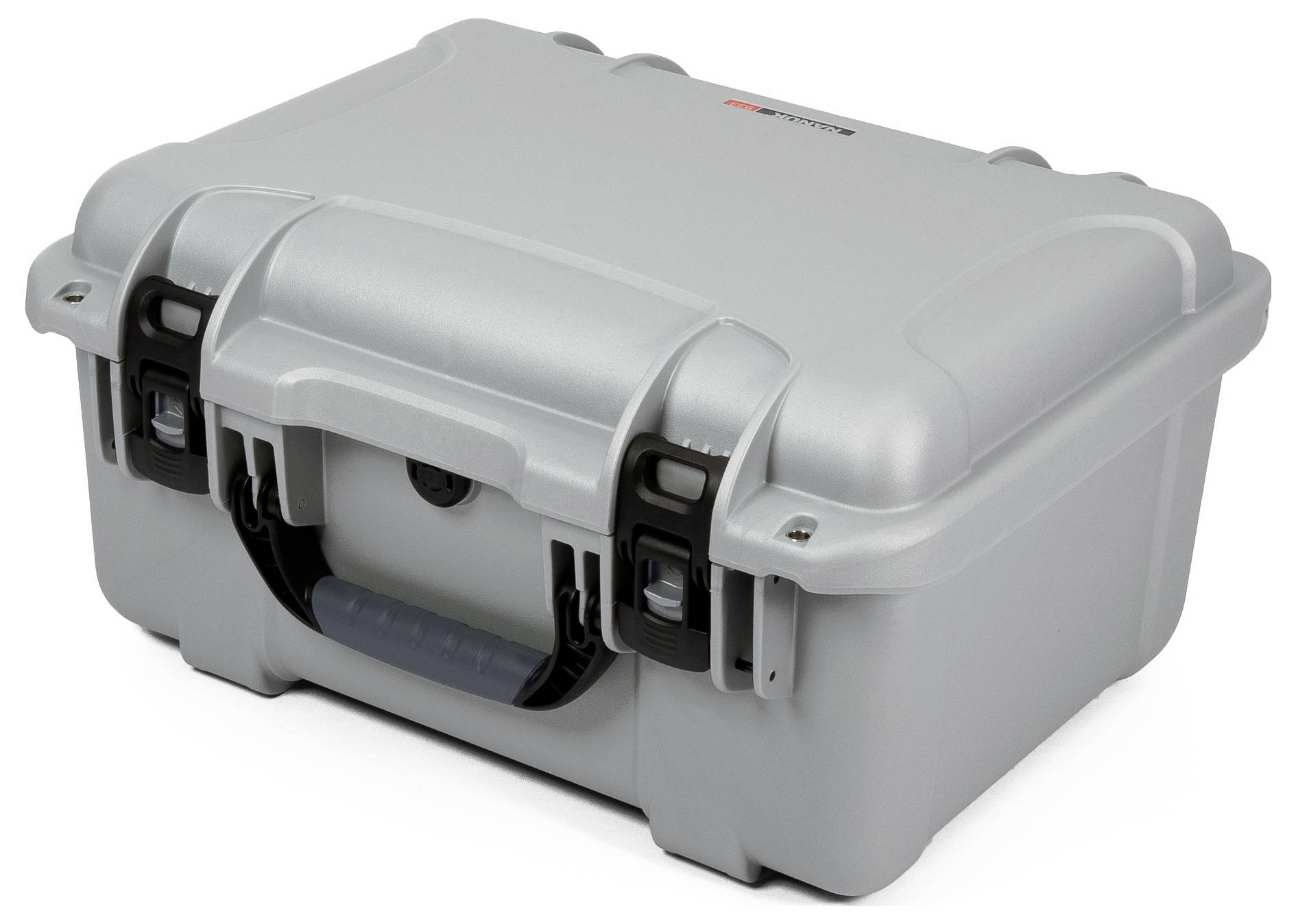 Grey, robust hard-shell case with two locks and a carry handle, suitable for the secure transportation of delicate equipment.