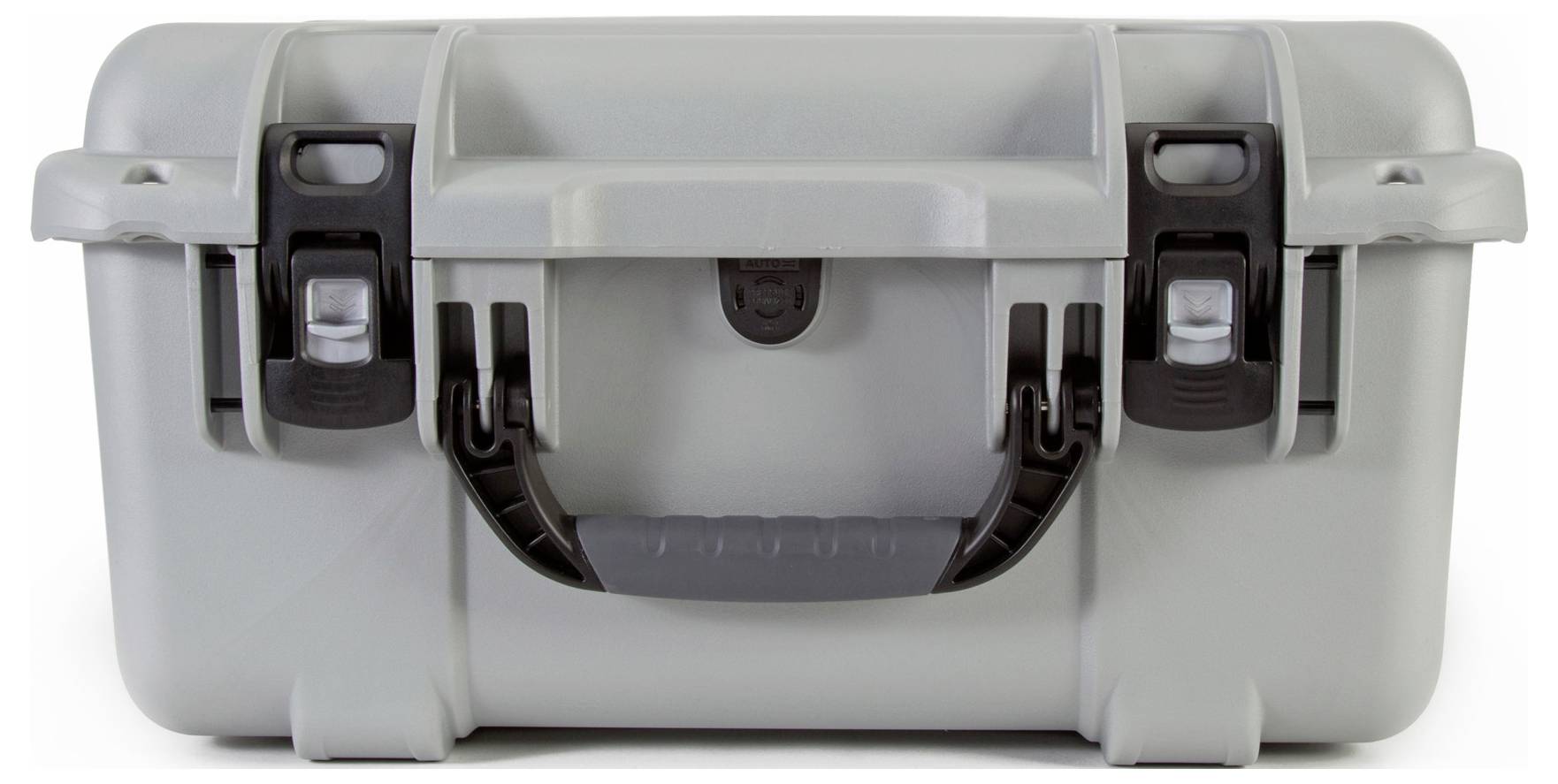 A grey, robust plastic case with a black carrying handle and two black latches, suitable for secure transportation.