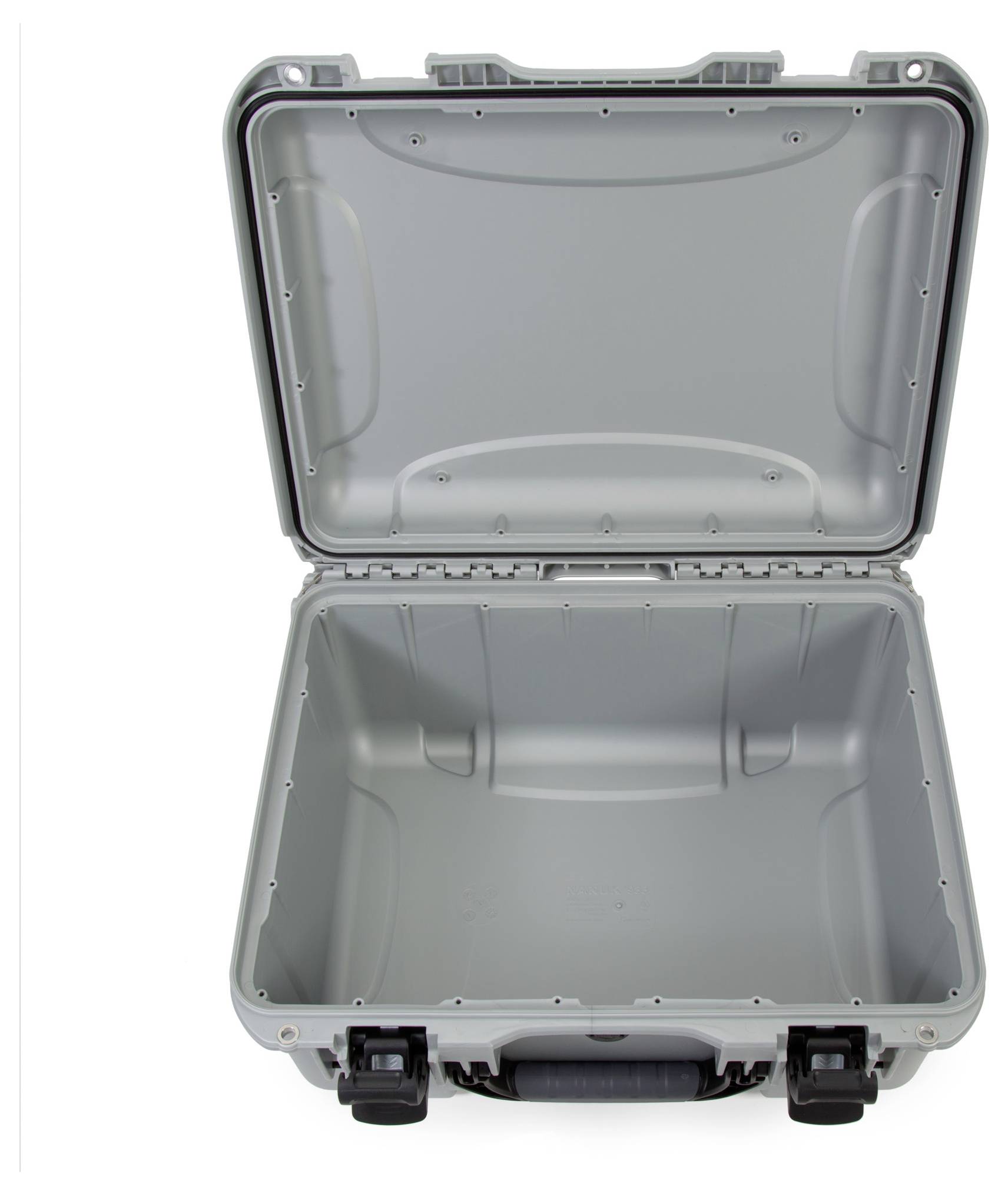 Grey, empty hard-shell suitcase with an open lid, viewed from the front, showing interior and robust construction.