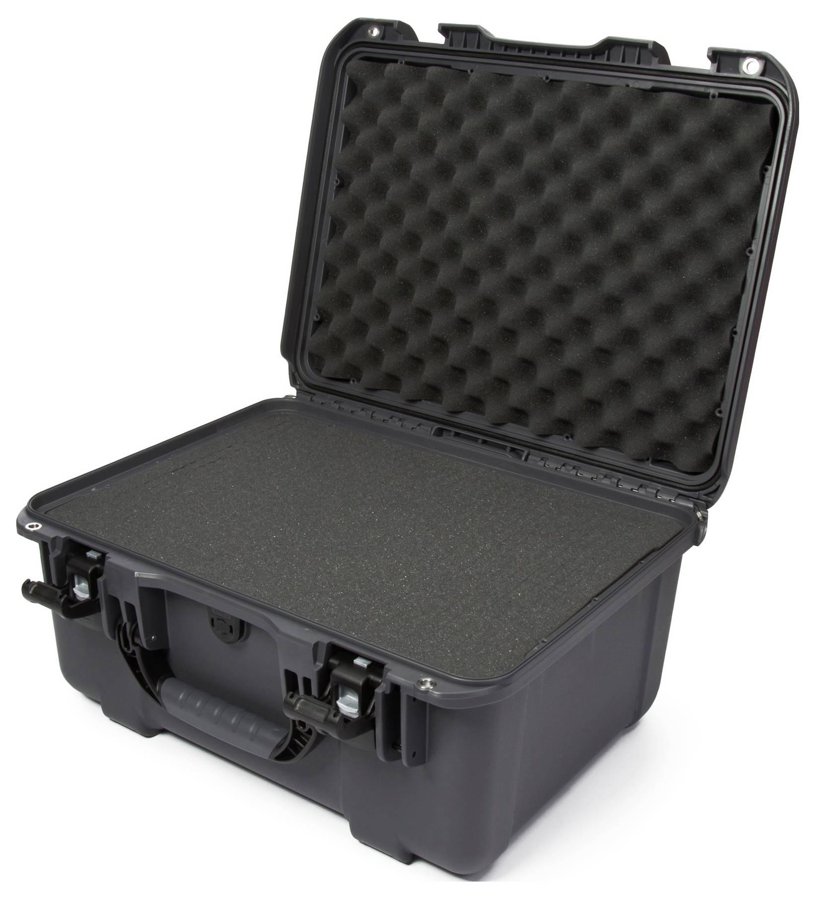 An opened, black protective case with foam lining for shock-resistant storage of delicate items.