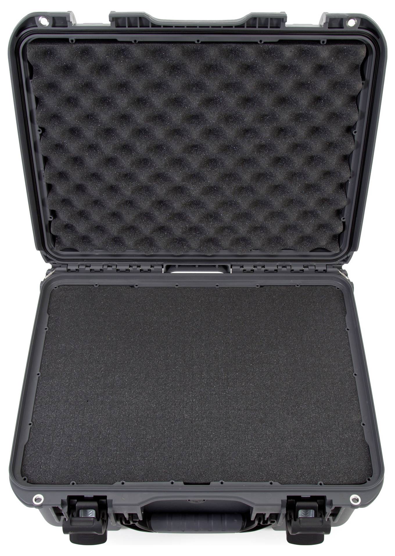 Black, open hard-shell case with foam lining. Suitable for safely transporting delicate items.