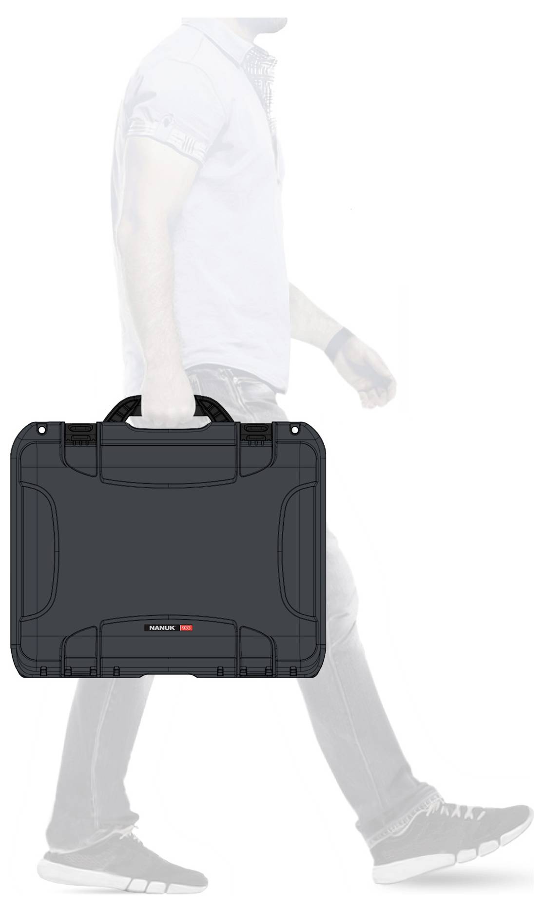 A man in casual clothing is carrying a large, dark briefcase.