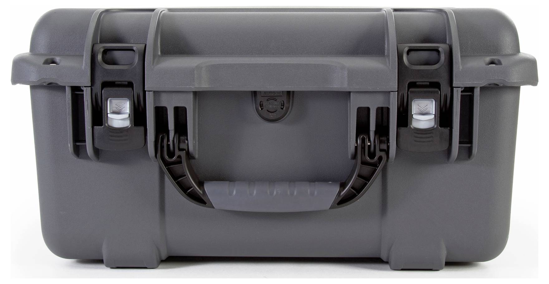 A grey, robust security briefcase with two locks and a carrying handle, suitable for the secure transportation of delicate items.