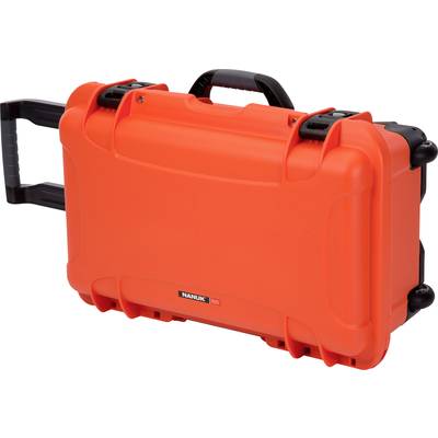 A robust, orange suitcase with handle and wheels. Suitable for the secure transportation of equipment or delicate items.