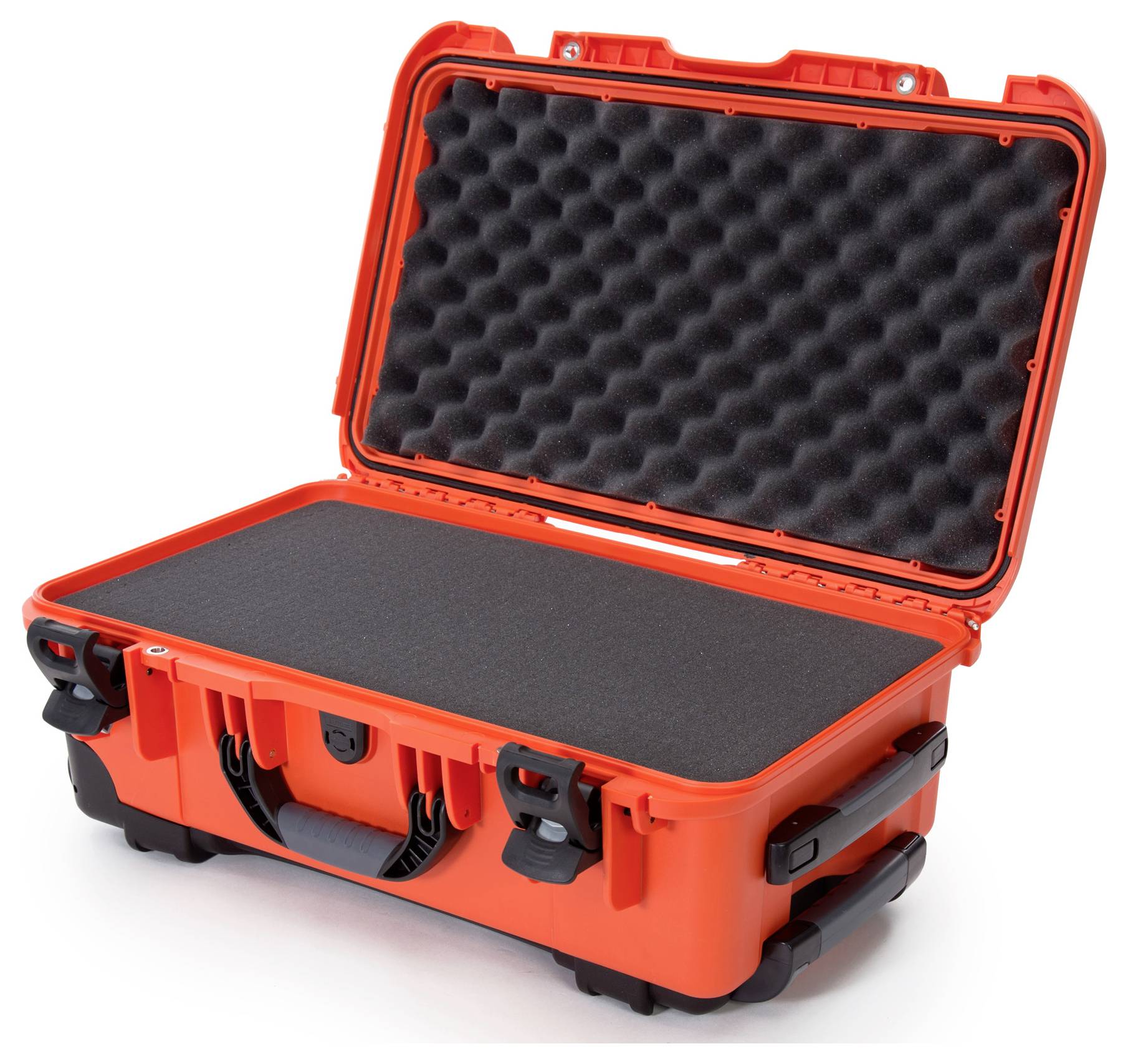 An open, rugged-looking orange case with foam padding inside, suitable for the secure transportation of delicate items.
