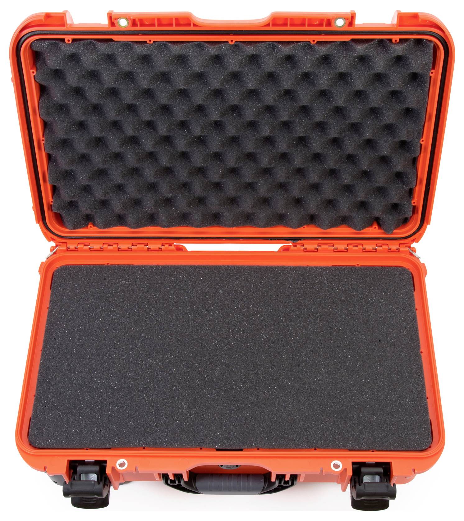 An opened, empty orange protective case with foam padding inside, suitable for the secure storage of delicate equipment.