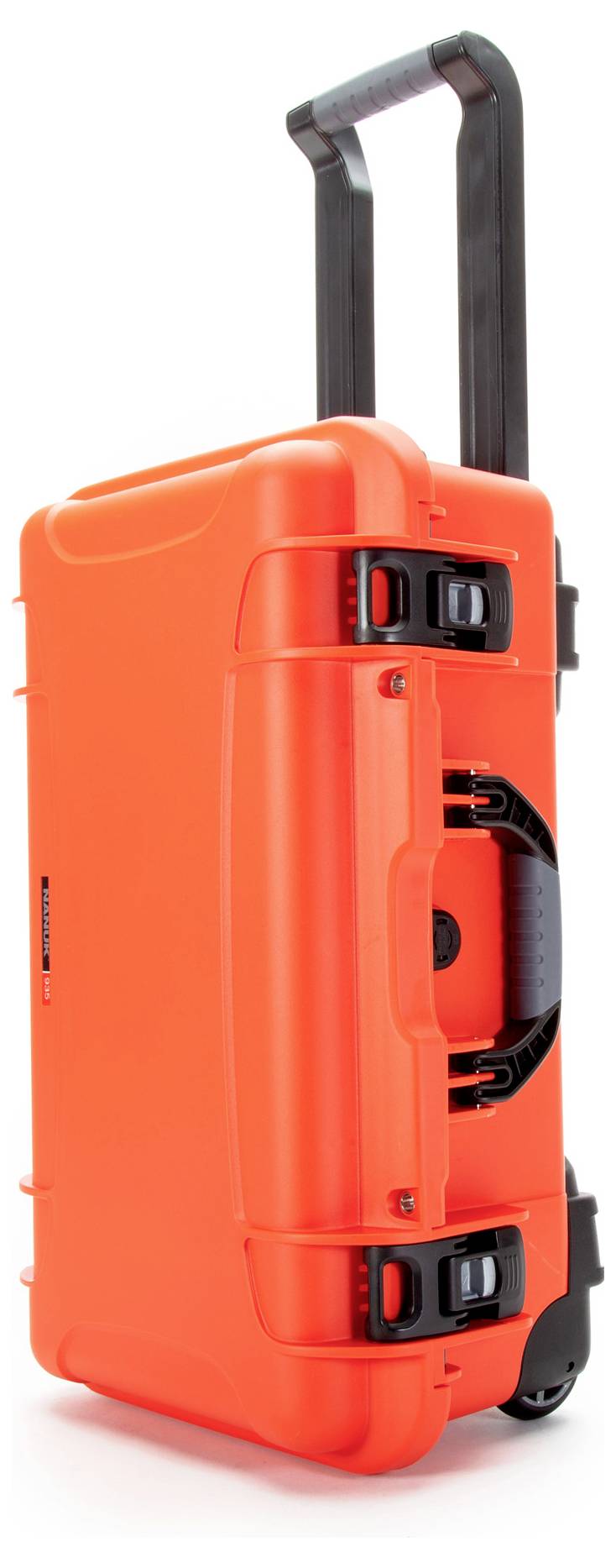 A secure, orange wheeled suitcase with a robust casing, extended handle and smooth-running wheels, suitable for travelling.
