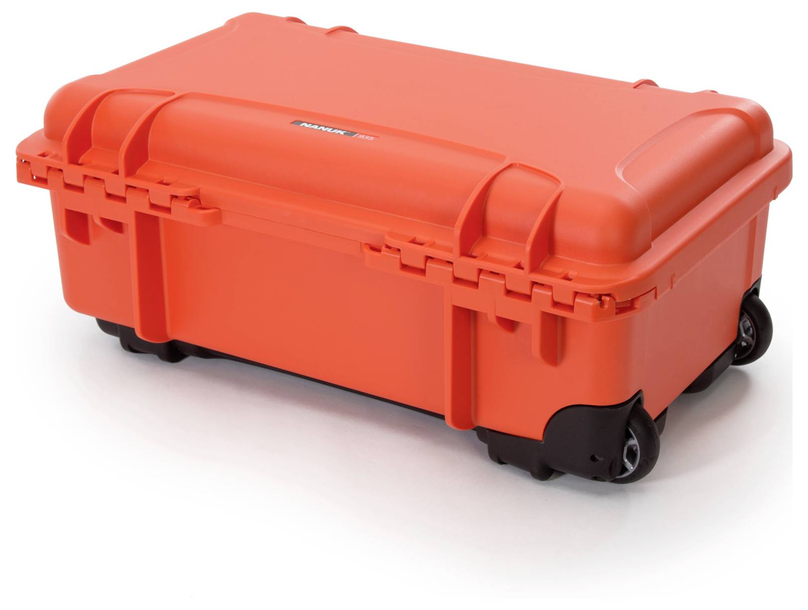 A large, robust, orange protective case on wheels. Ideal for the safe transportation of delicate equipment or gear.