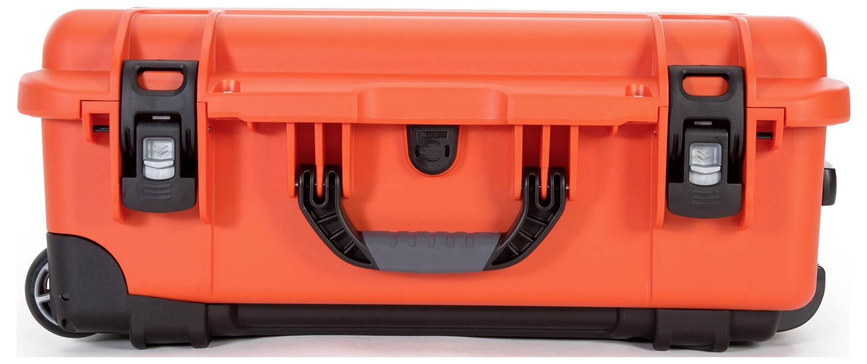 A bright orange, robust hard-shell suitcase with a black handle and black fastenings. Ideal for secure transportation.