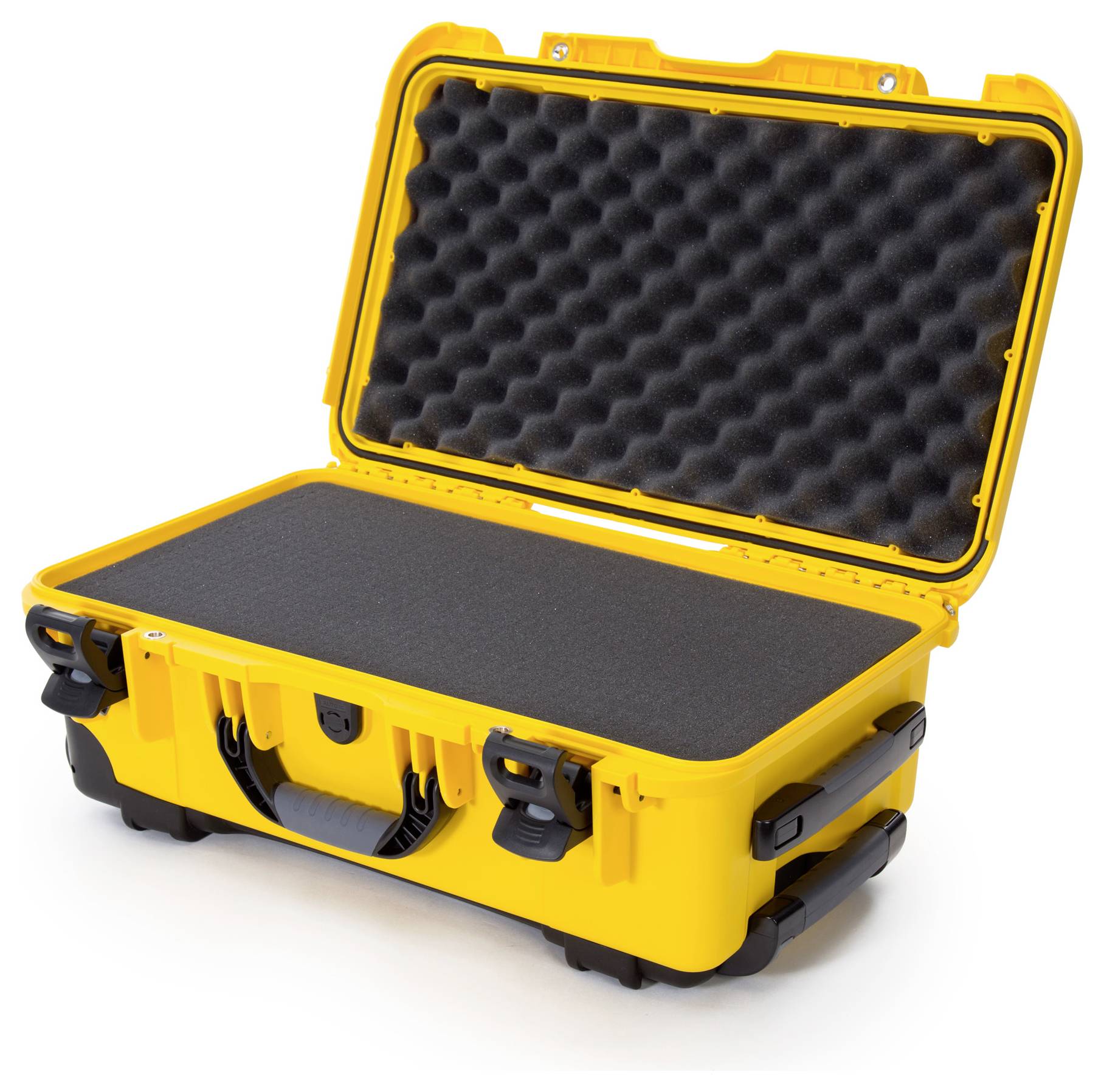 Yellow, open transport case with foam interior lining, suitable for protecting delicate equipment during transportation.