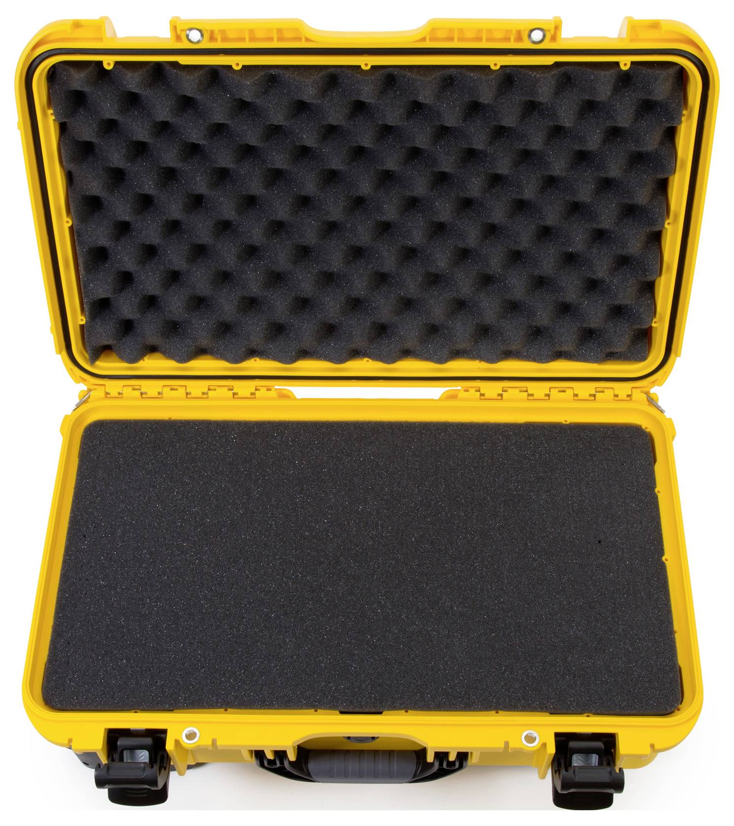 Yellow, opened protective case with black foam padding in the lid and base, empty, designed for safe transportation of delicate items.