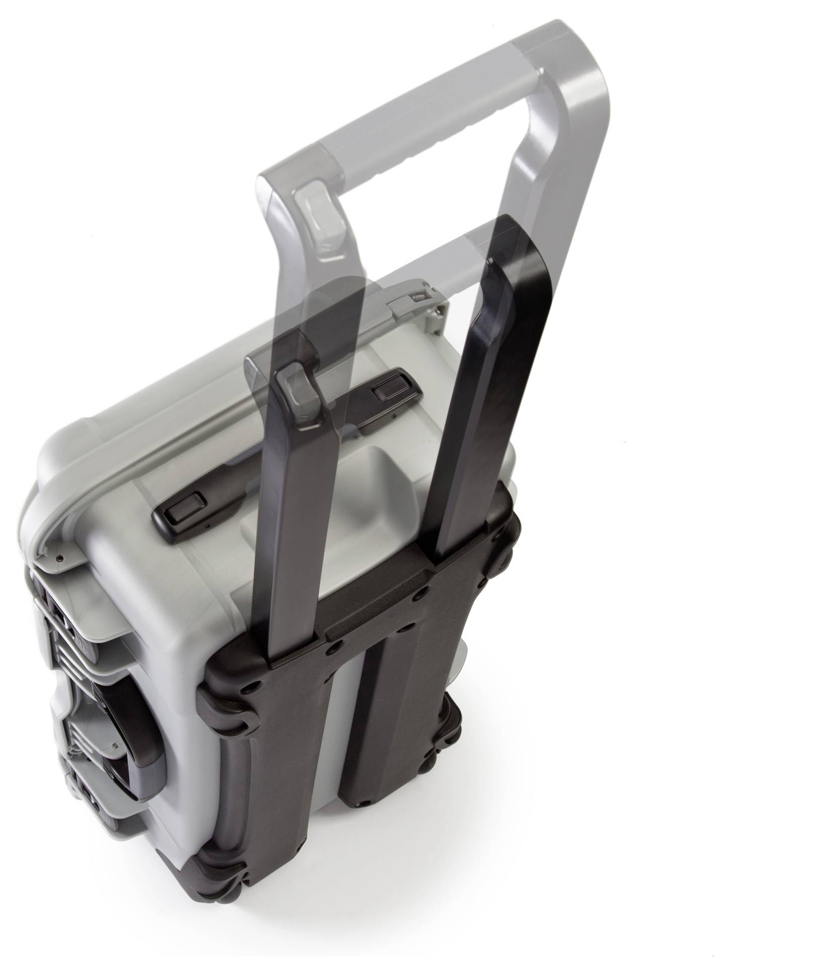 A grey wheeled suitcase with an extendable handle, viewed from above.