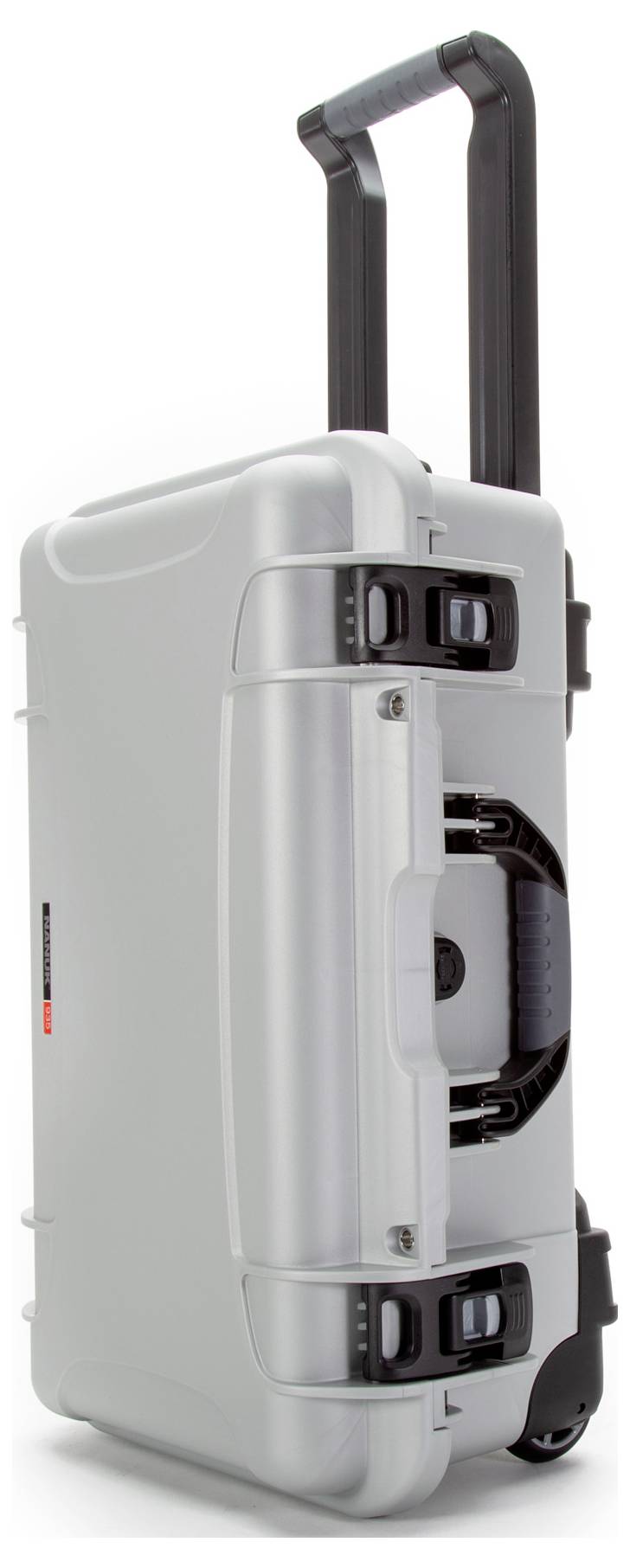 Silver, robust hard-shell suitcase with extendable handle and wheels, side locks visible.