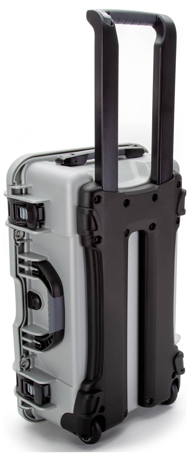 A silver, upright suitcase with an extendable handle and wheels. Ideal design for travellers who value mobility and durability.