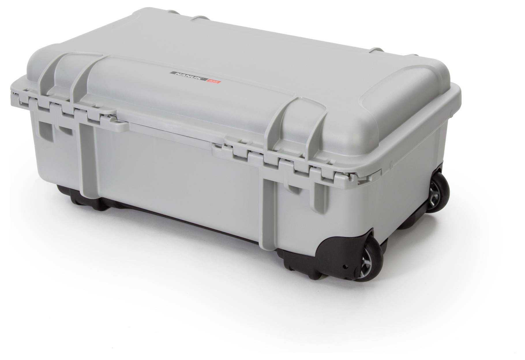 Grey, robust suitcase with wheels and handles, suitable for the secure transportation of delicate equipment or devices.