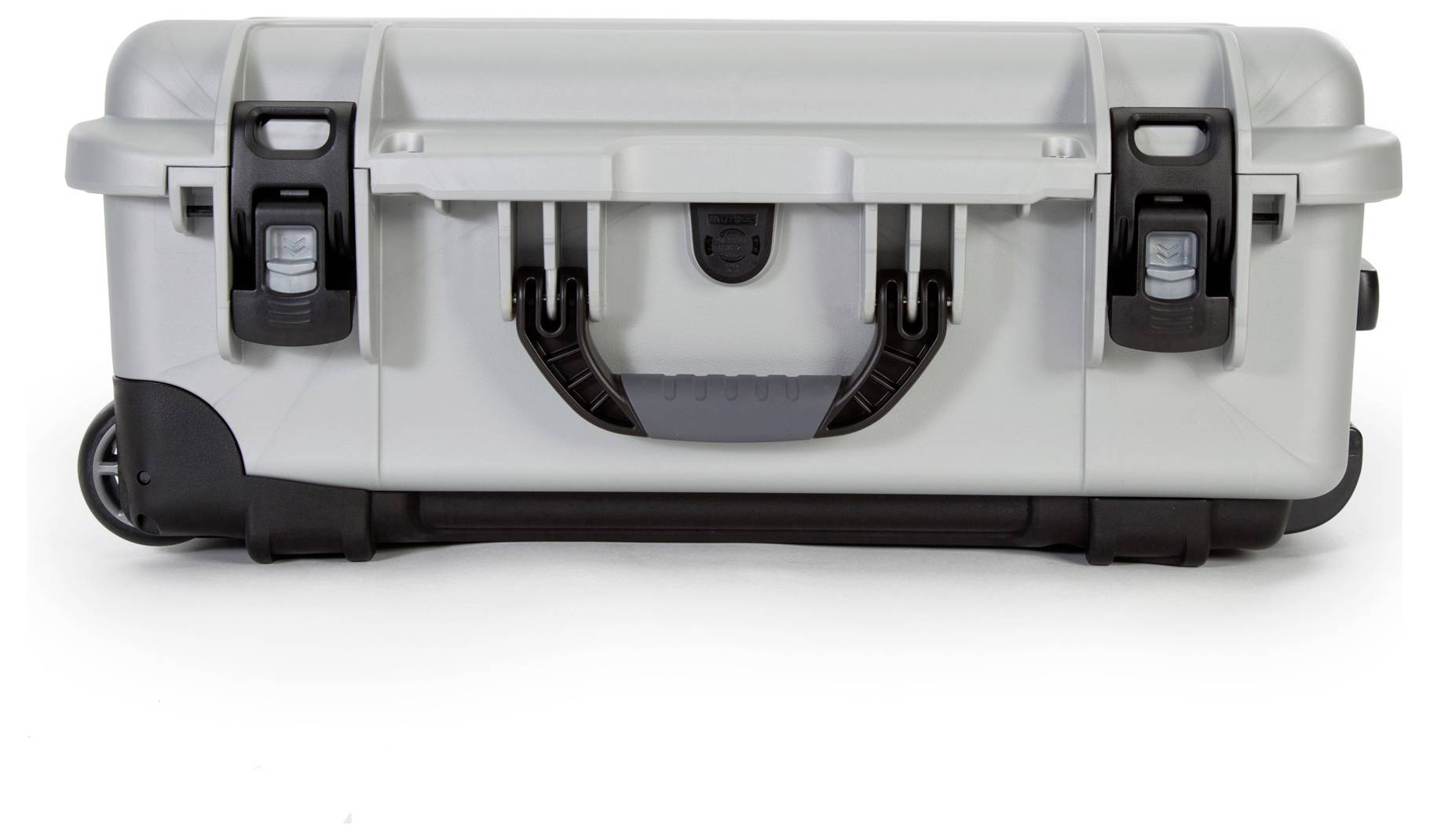 A sturdy, grey wheeled suitcase with two black locks and handle, suitable for the secure transportation of delicate items.