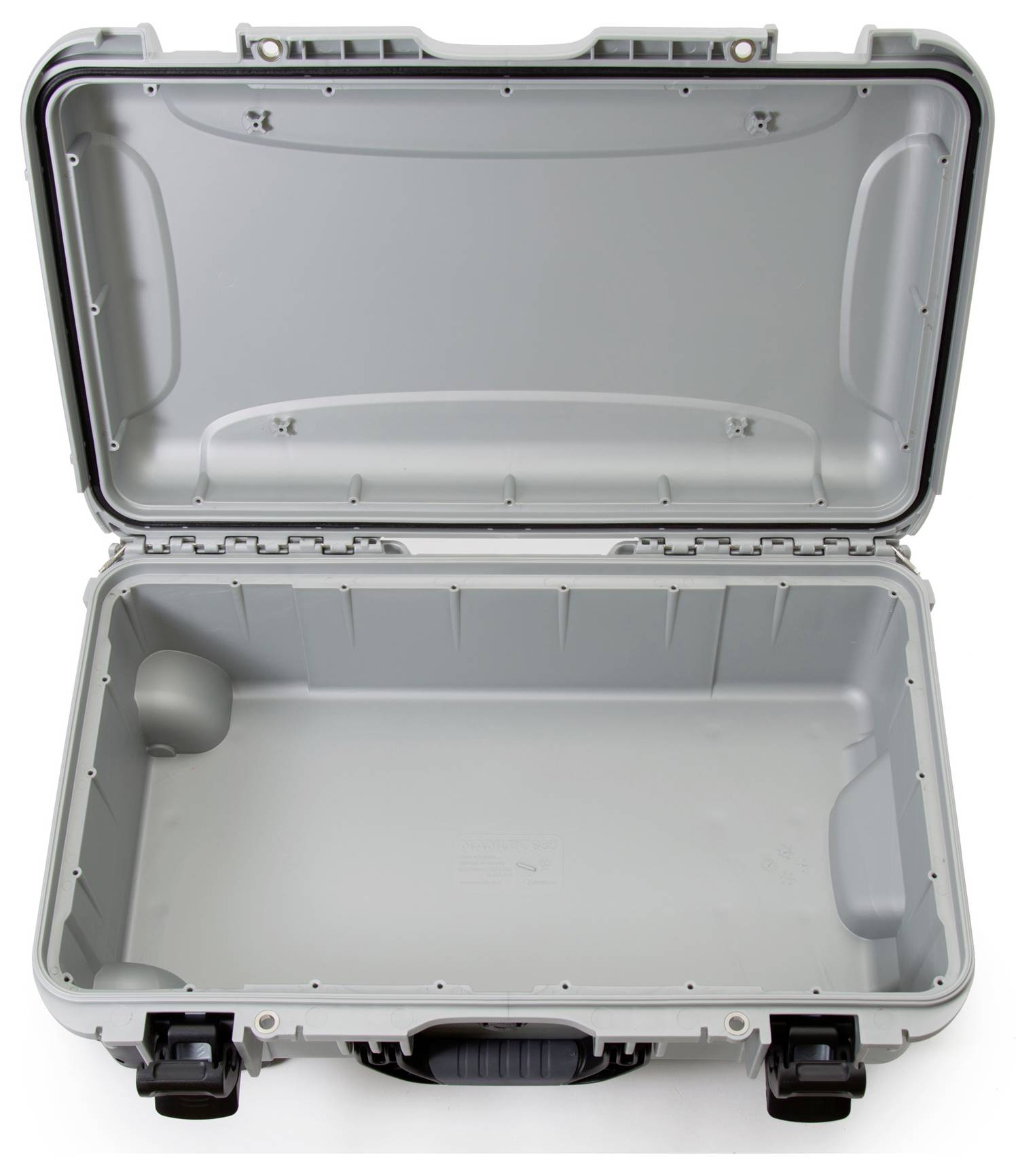 An opened, empty grey suitcase that looks sturdy. Suitable for the secure transportation of delicate items.