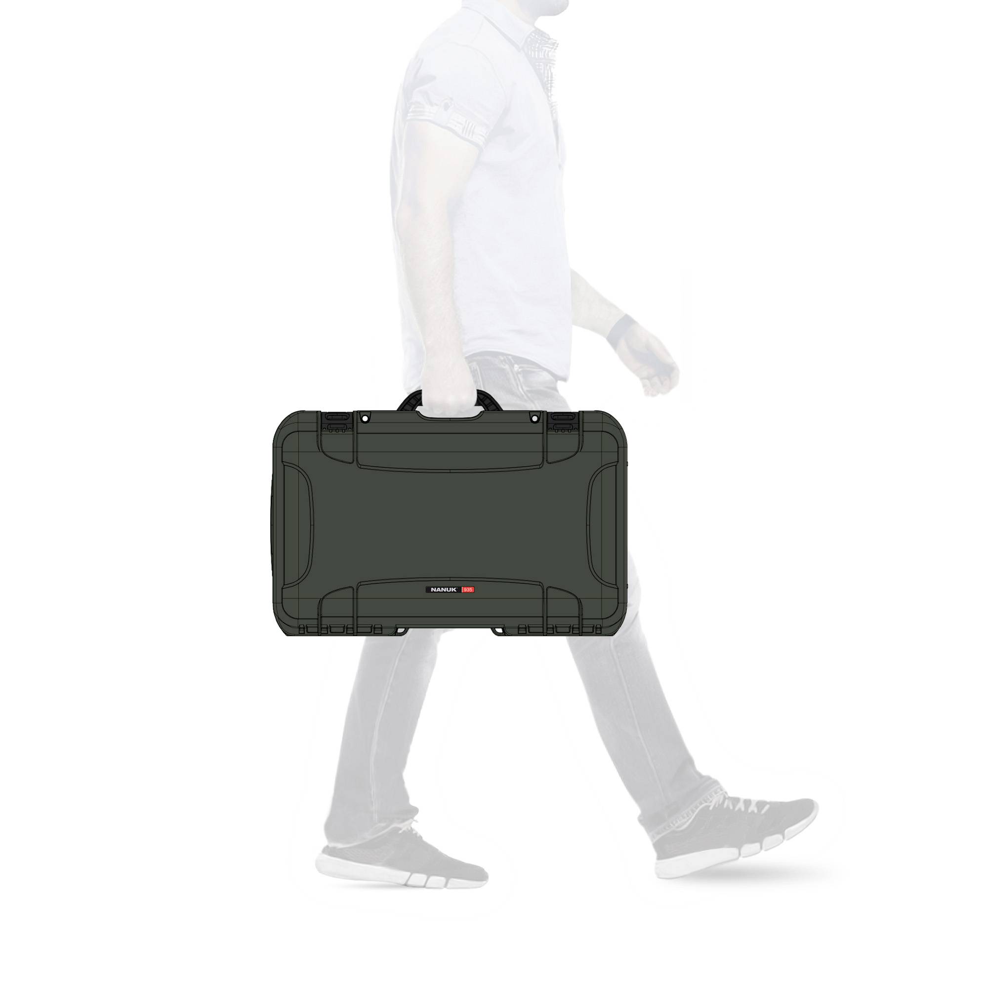 A person in a white shirt is holding a black briefcase.