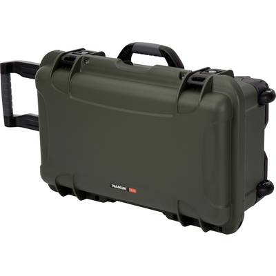 A sturdy, olive green, wheeled suitcase with handle and clasps, suitable for the secure transportation of delicate items.