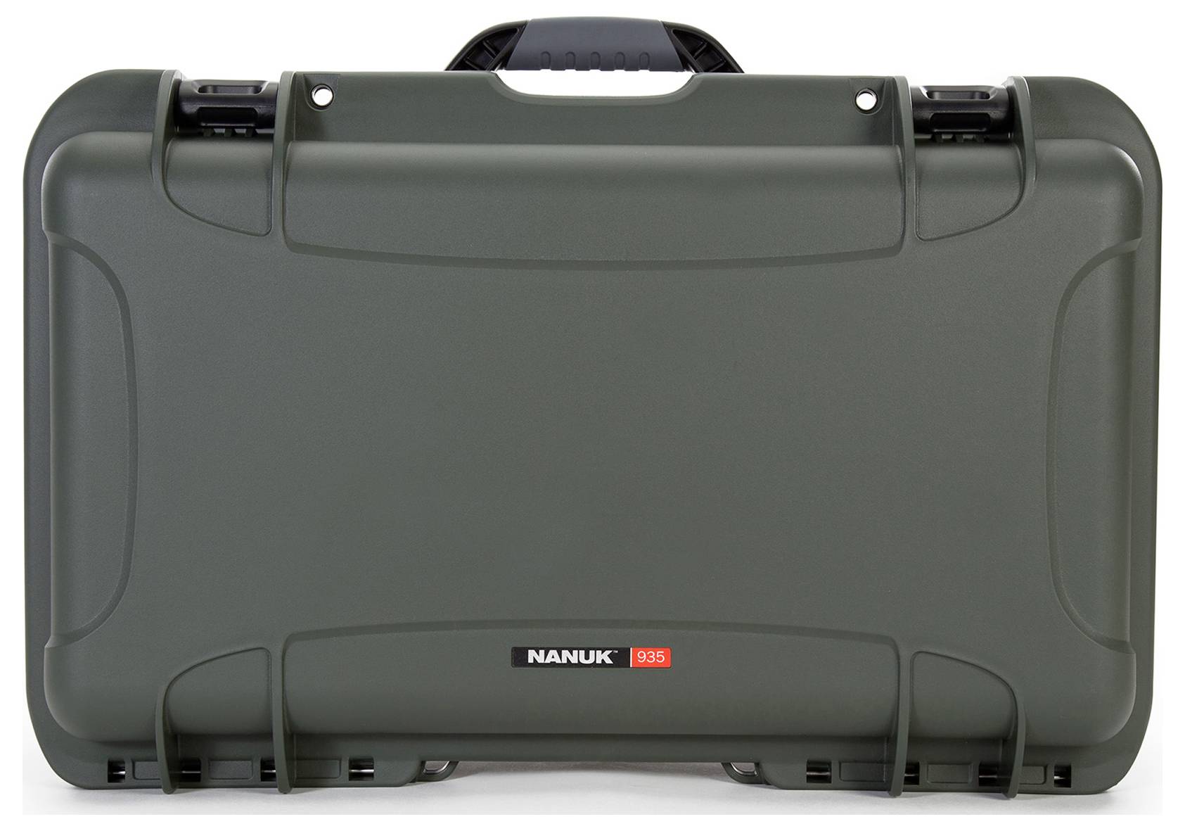 Robust, dark green protective case by 'Nanuk 935' brand with handle, suitable for safely transporting delicate equipment.