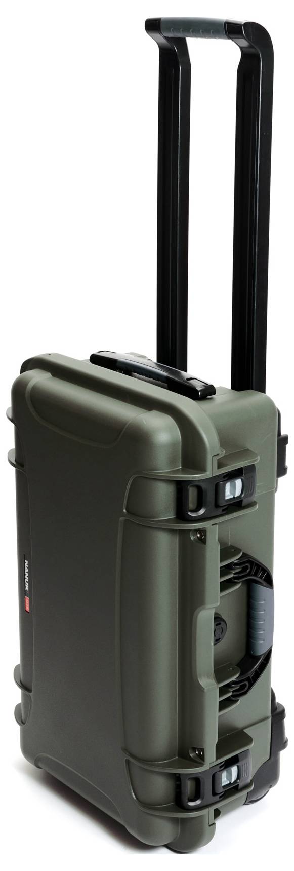 Black rolling suitcase with long handles, suitable for securely transporting equipment.