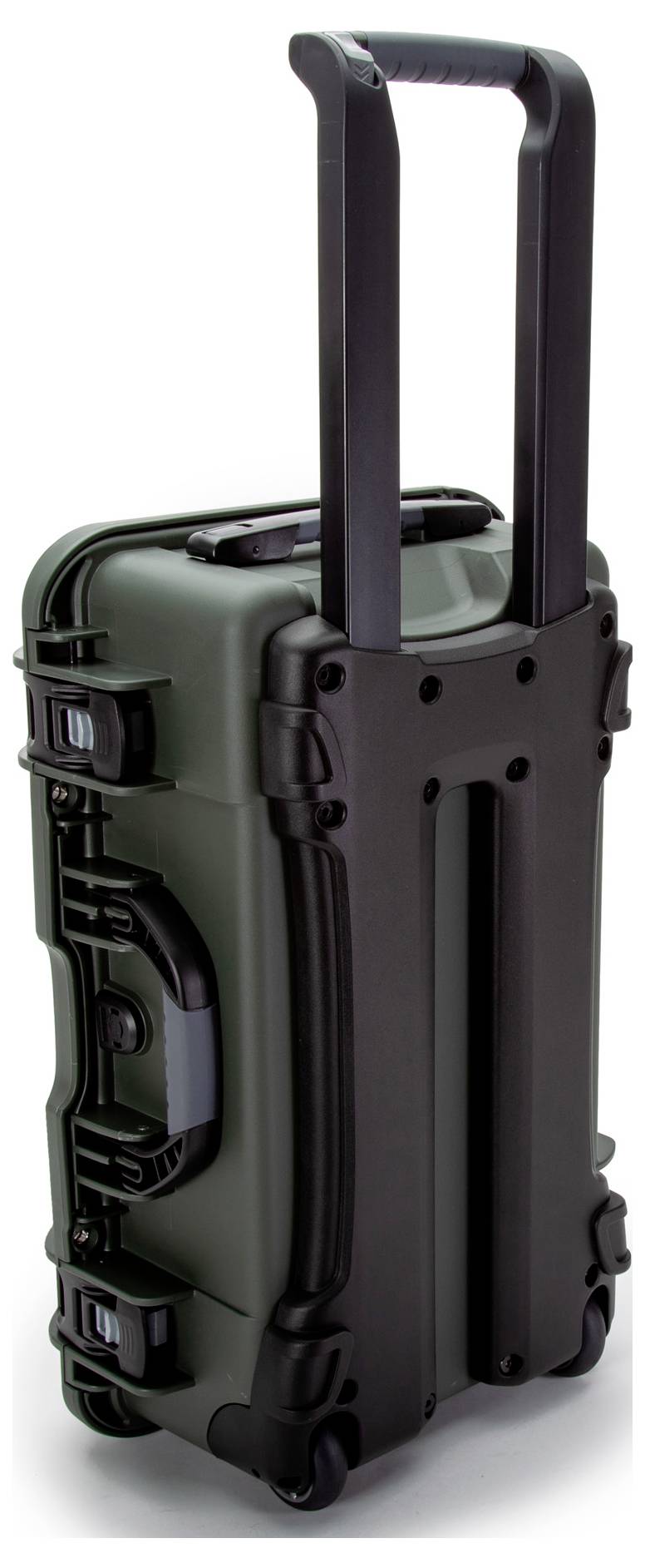 Black hard-plastic rolling suitcase with telescopic handle and two clasps, suitable for transporting delicate equipment.