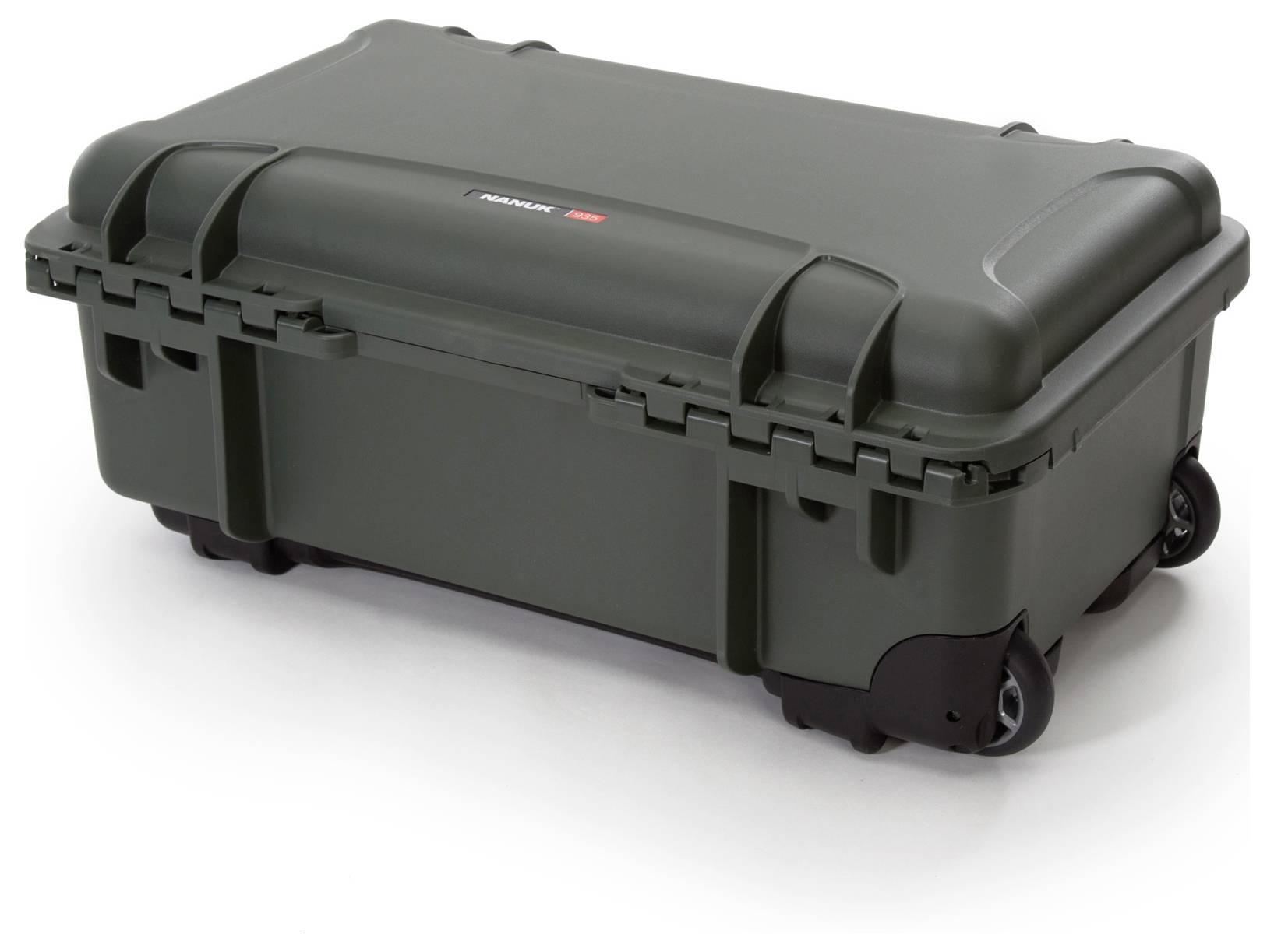A dark green, robust hard-shell suitcase with wheels and handles stands upright. Ideal for securely transporting equipment.