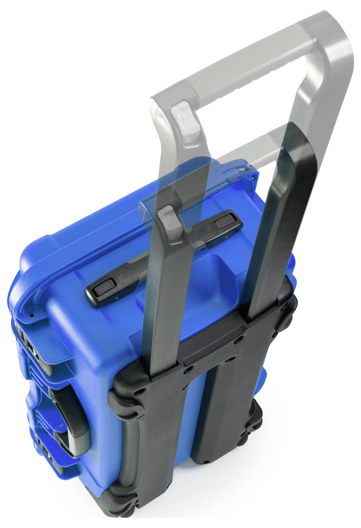 Blue hard-shell suitcase with telescopic handle in extended position, top view. Used as durable travel luggage.