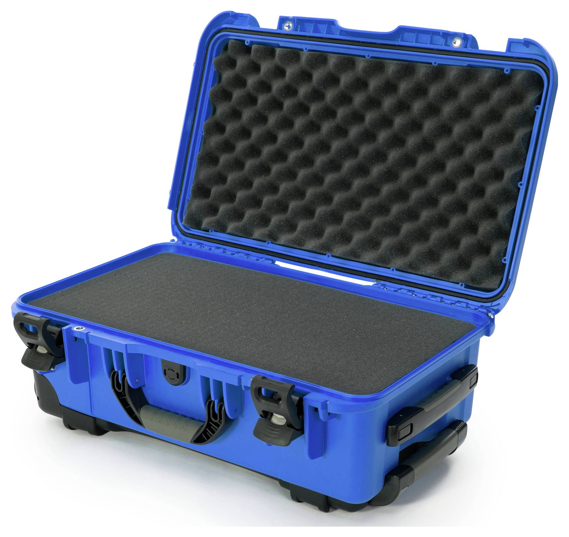 A blue, open protective case with a black foam insert. Ideal for safely transporting delicate equipment.