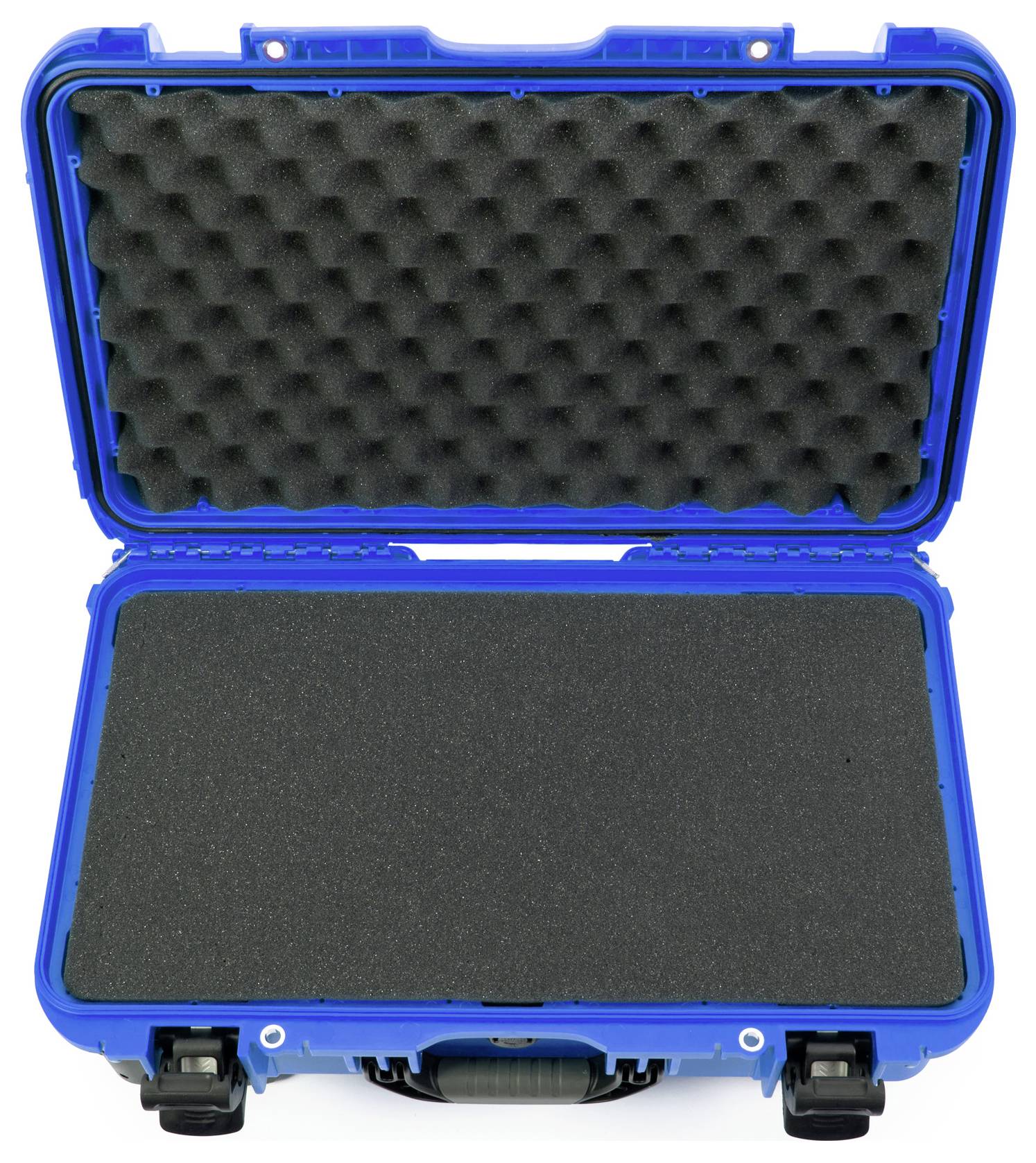 Blue hard-shell case with foam padding, opened and empty, suitable for safely transporting delicate items.