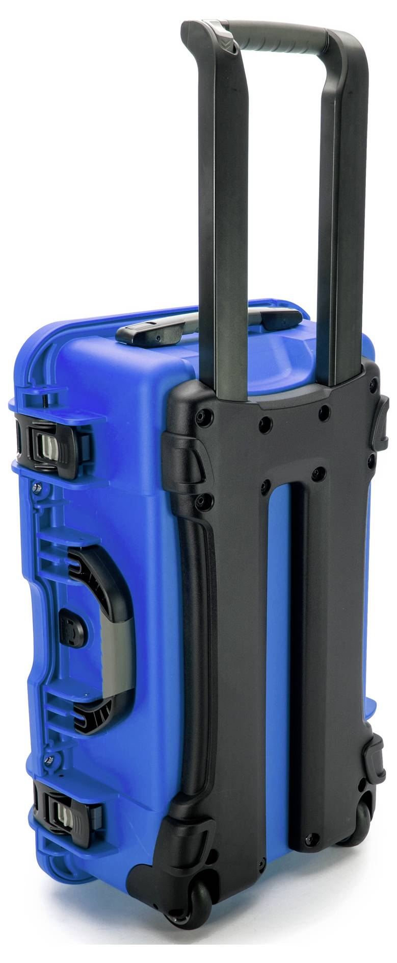 A blue hard-shell suitcase with black handles and wheels is standing upright.