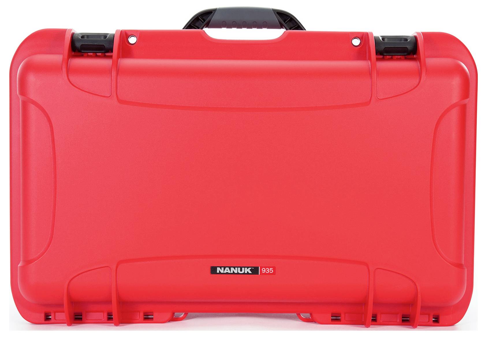 Red sturdy suitcase, brand 'Nanuk', model 935, with black handle and visible locks on the left and right sides.
