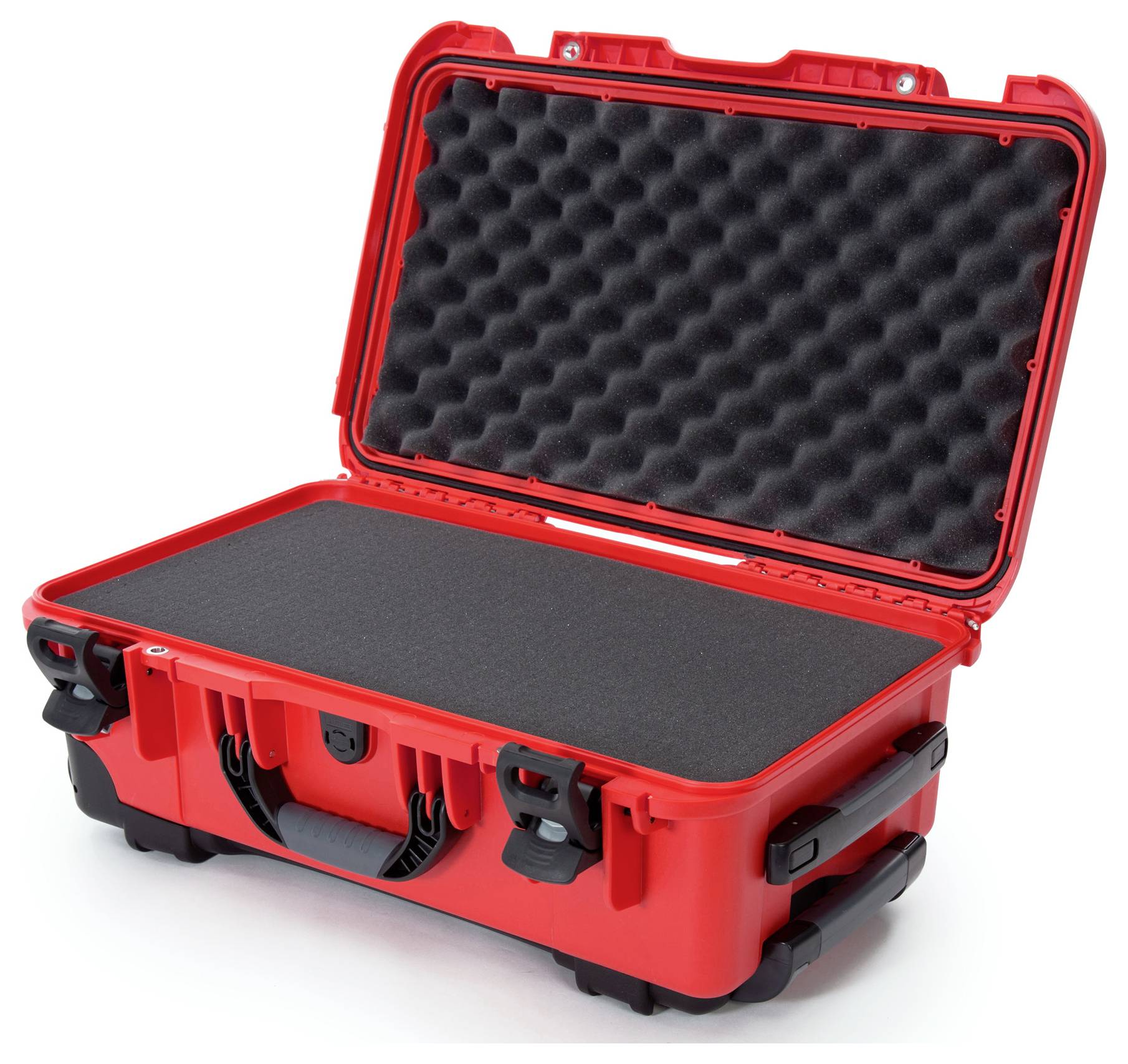 Red, open hard-shell case with black foam padding inside, ready for the secure transportation of delicate items.