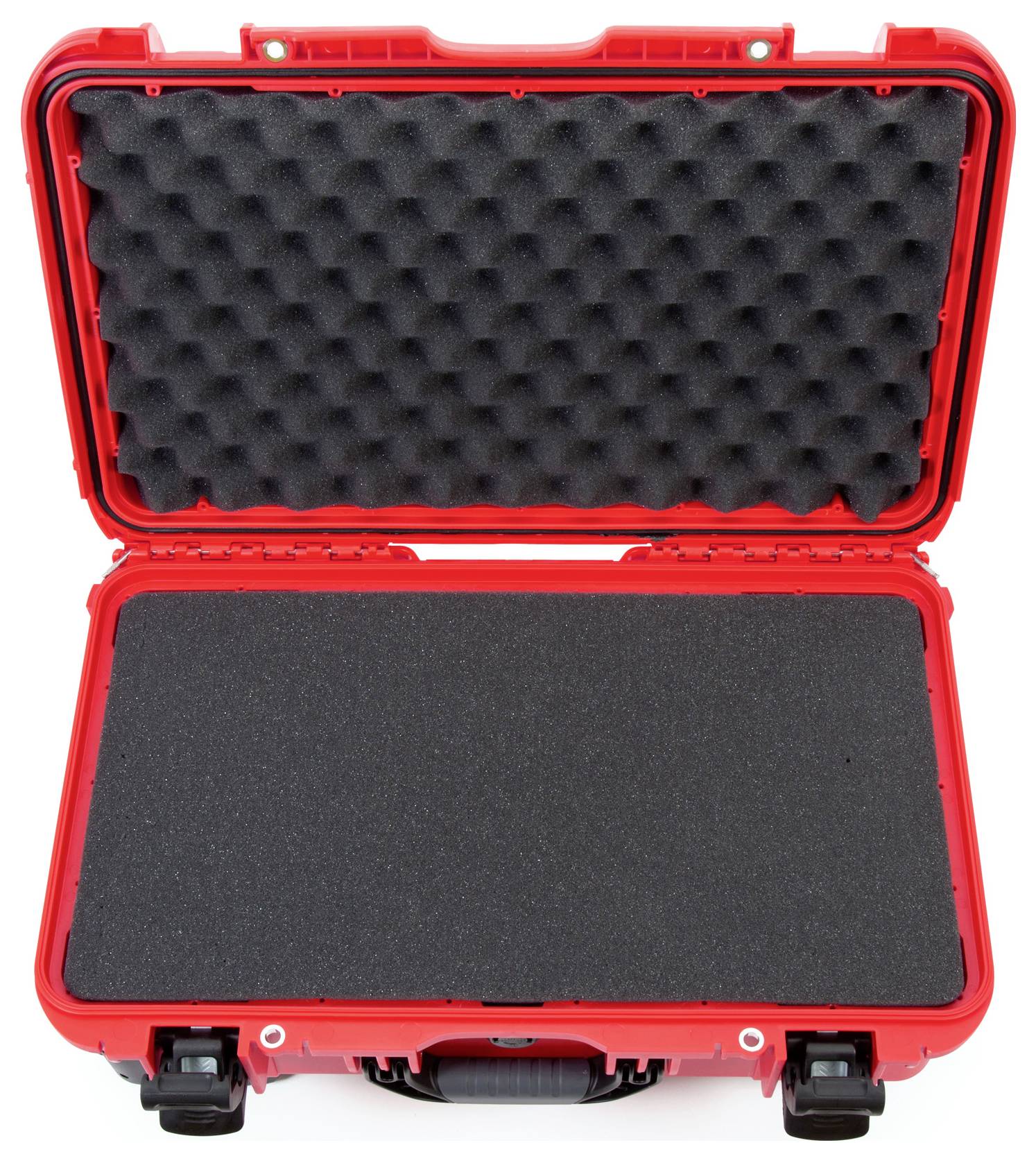 An opened red protective case with black foam interior, suitable for the safe transportation of delicate items.