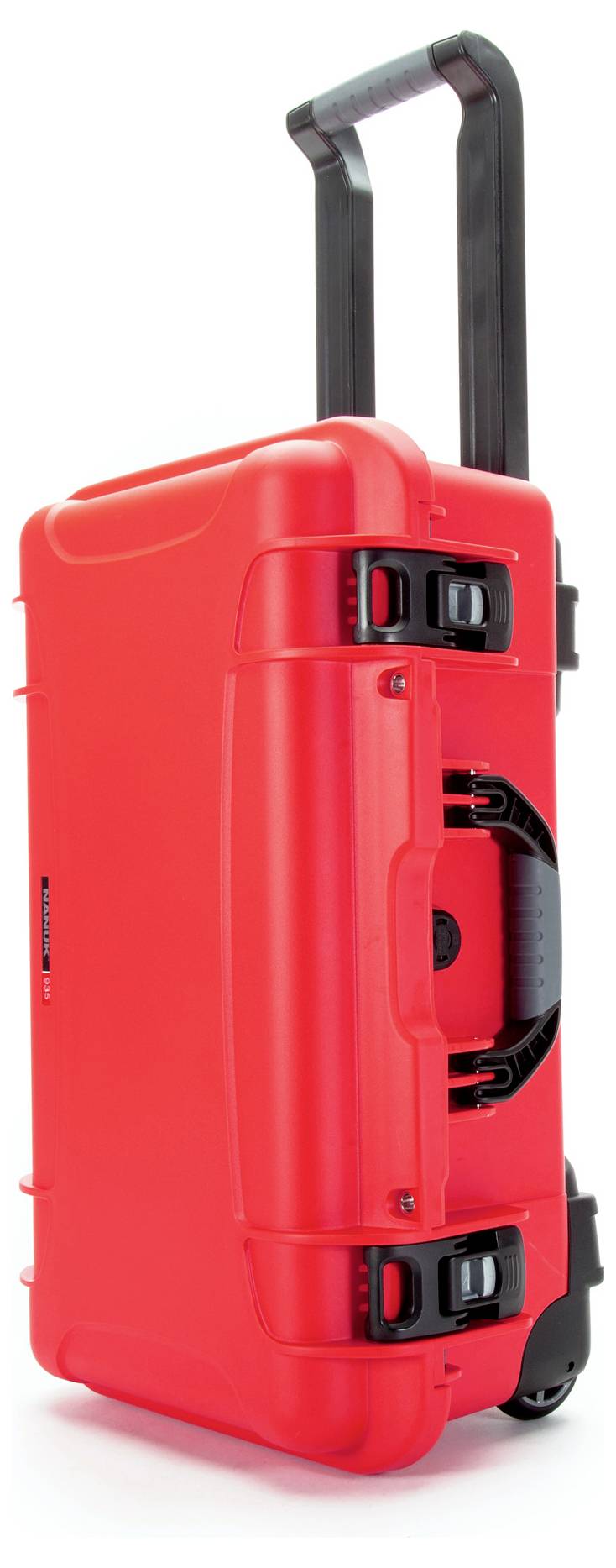 Red, vertical hard-shell suitcase with extendable handle and wheels, suitable for transporting delicate equipment.