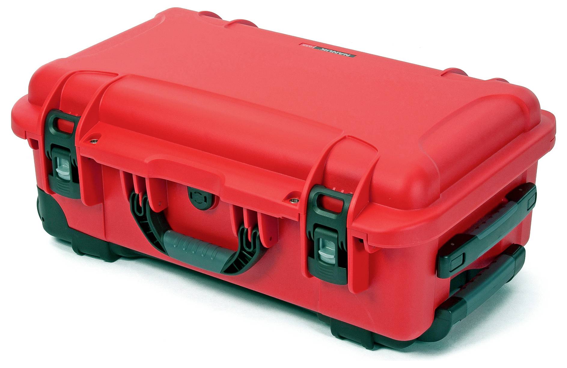 A red, robust hard-shell suitcase with black locks and handles, suitable for the secure transportation of delicate equipment.
