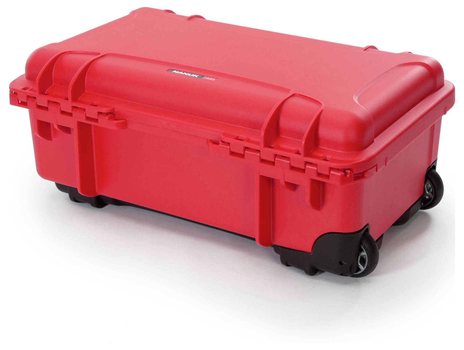 Red protective case with wheels, suitable for the safe transportation of delicate equipment.