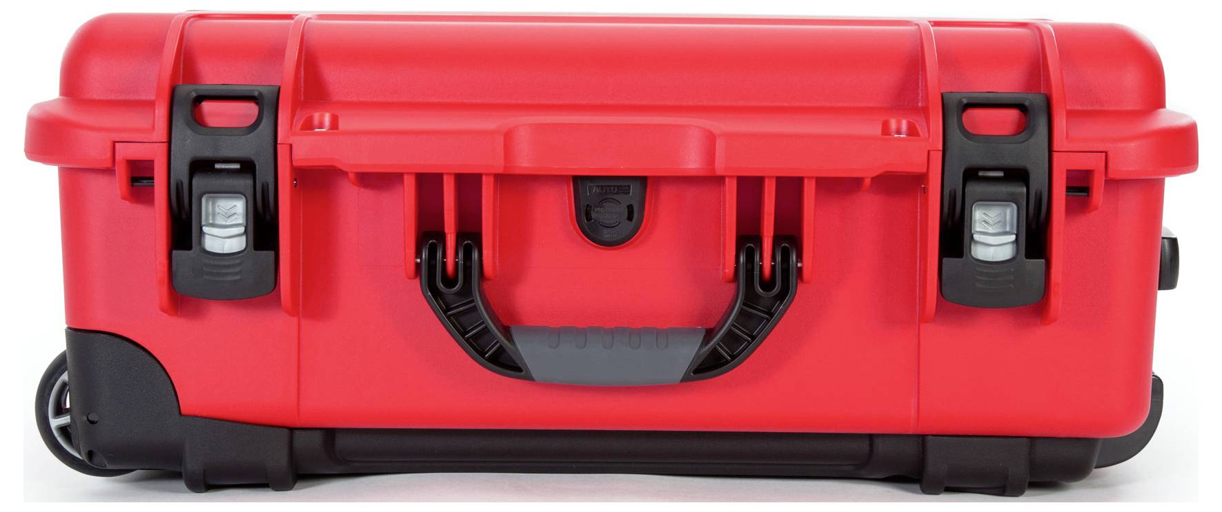 A red, robust tool case with black catches and wheels, designed for the secure transportation of tools or equipment.
