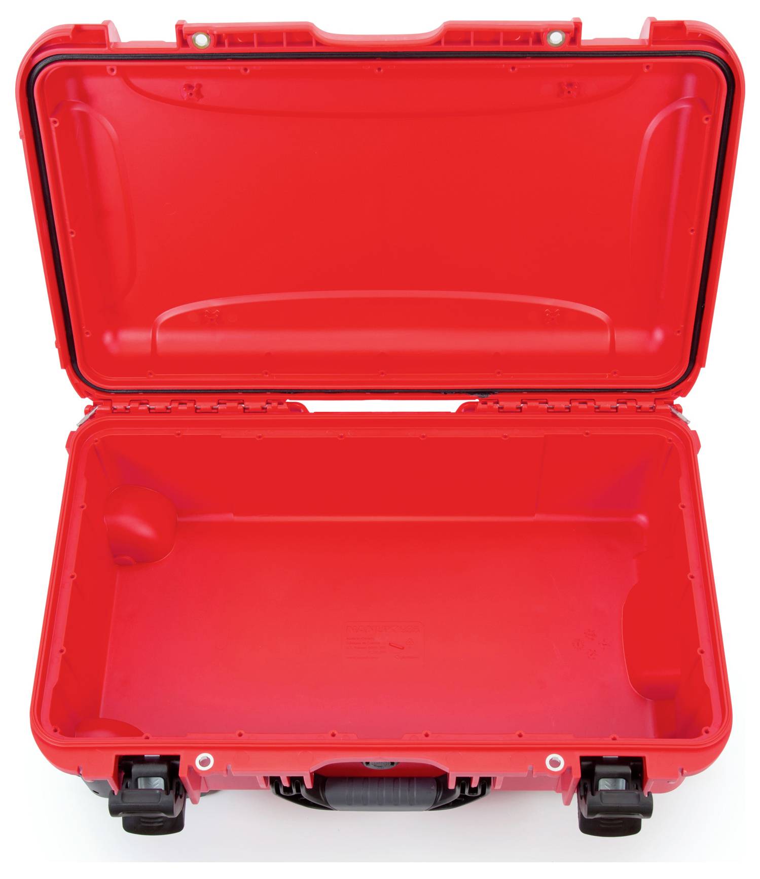 Red, open hard-shell suitcase with empty interior and robust hinges; suitable for safely transporting delicate items.