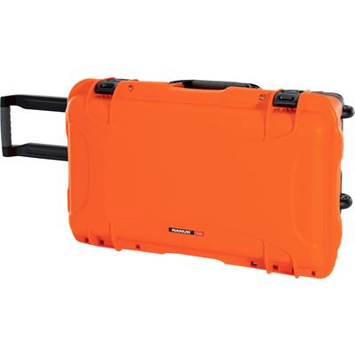 An orange hard-shell suitcase with an extendable handle and wheels, perfect for transporting delicate equipment.