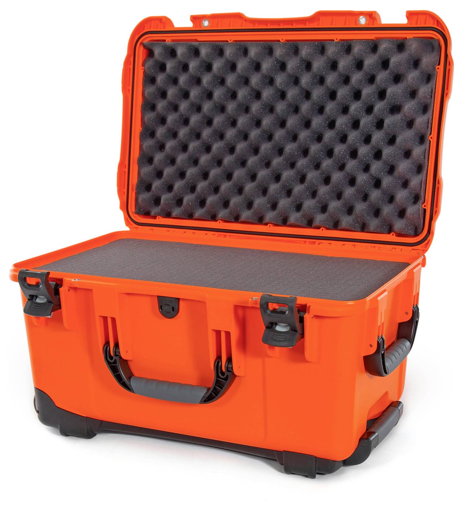 An open, orange hard-shell case with foam lining for the secure transportation of delicate equipment.