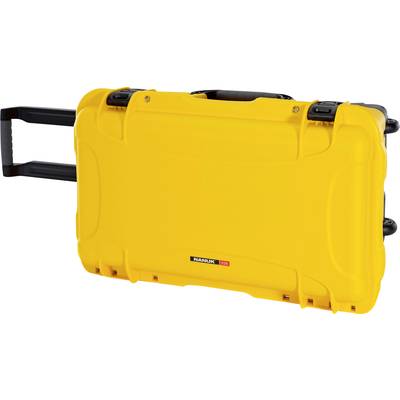 A yellow, robust suitcase with an extendable handle, suitable for transporting delicate equipment. Brand name 'NANUK' visible.