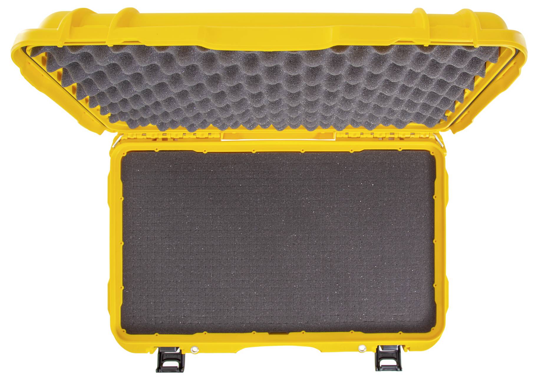 A yellow hard-shell suitcase with an open lid, featuring a black foam lining. Ideal for securely transporting delicate items.