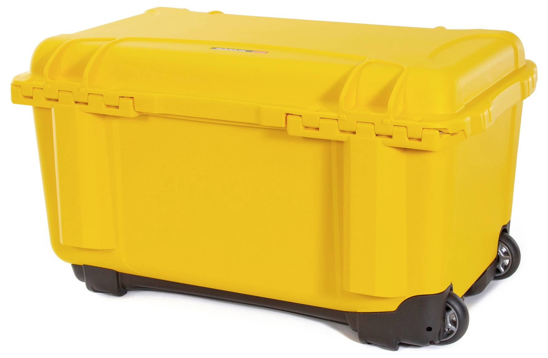 Yellow, robust transport container with lid and wheels, suitable for the safe transport and storage of items.