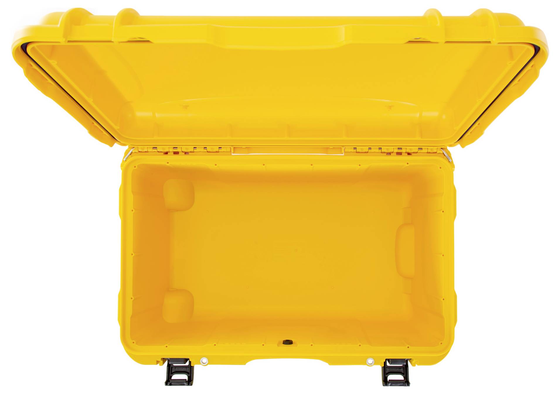 An empty, yellow suitcase with an open lid, shown from above. The suitcase has two black clasps on the front.